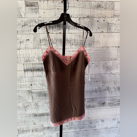 NWT Gold Hawk Brown with Pink Lace Y2K 100% Silk Cami - Picture 1 of 4